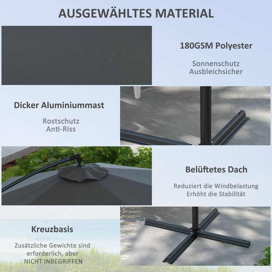 Outsunny Ampelschirm in Grau aus Aluminium und Polyester mit B/H/T: 293 x 260 x 293 cm - Bild 3