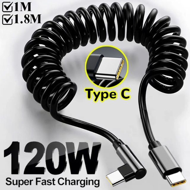 Einziehbares USB-C auf USB-C Schnellladekabel mit 120 W in Schwarz für iPhone, Samsung und andere Geräte - Bild 1