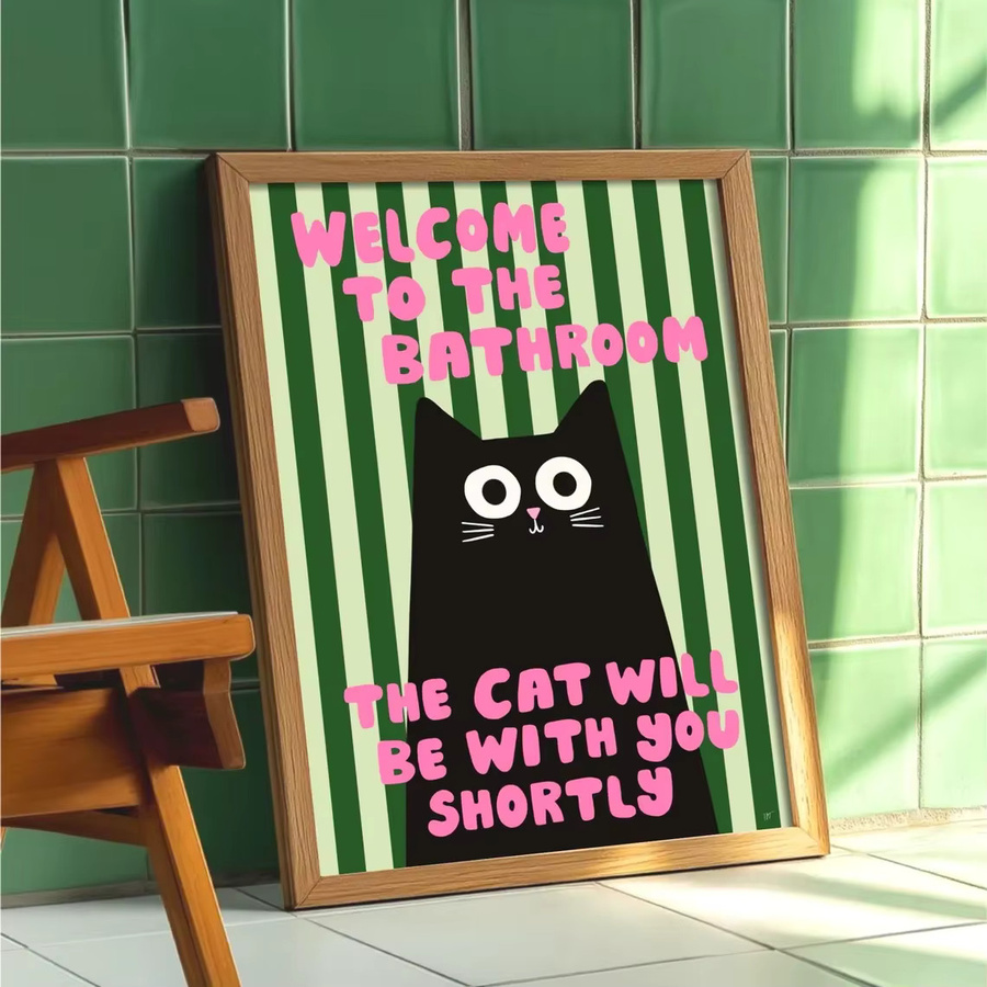 SHENCHEN Wandkunst Badezimmer Poster mit schwarzer Katze und Typografie in Schwarz, Rosa und Grün - Bild 2