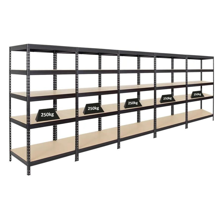5er Set PROREGAL Schwerlastregal Rivet aus Stahl und MDF-Holzplatten, Schwarz, H x B x T: 180 x 90 x 60 cm - Bild 2
