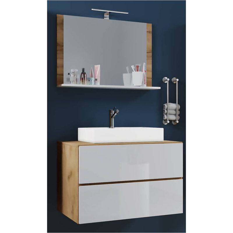 VCM Möbel Waschplatz Lendas 3-teiliges Badezimmermöbel-Set in Weiß und Eiche Honig mit Keramik-Waschbecken, Unterschrank mit zwei Schubladen und Spiegel mit Ablage, B/H/T: 60 x 52 x 52 cm - Bild 2