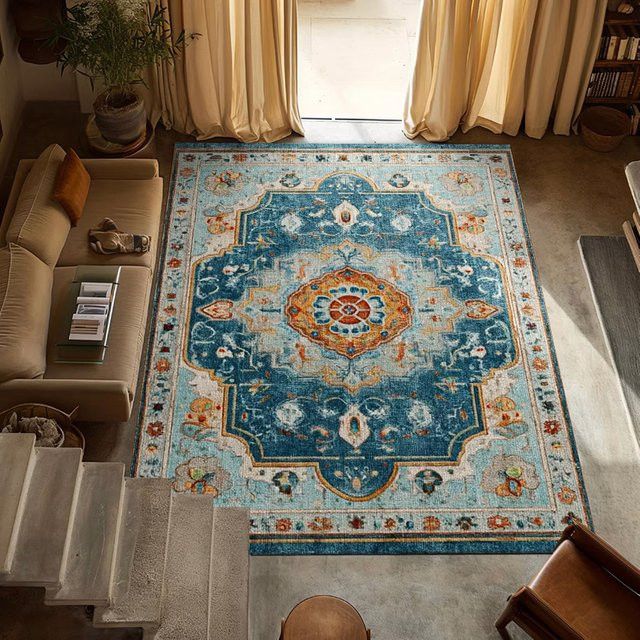 RAKKS Boho-Mandala-Samt-Teppich in Blau mit Blumen-Medaillon-Design, waschbar und rutschfest - Bild 1