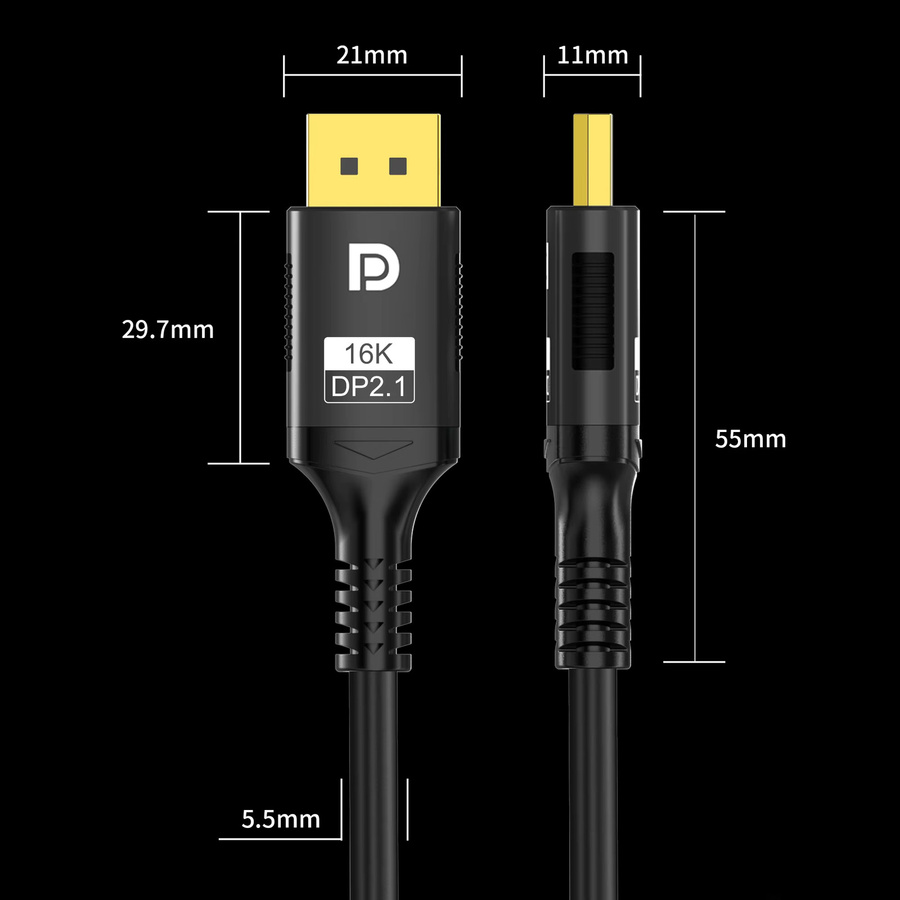 FDBOY DisplayPort Kabel DP2.1 in Schwarz für 16K@30Hz und 8K@60Hz mit 80Gbps Ultra HD Video und Audio für Gaming Monitor, Laptop und TV - Bild 3