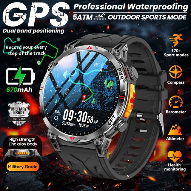 GUHUAVMI Outdoor GPS Smartwatch für Herren mit 1,56 Zoll AMOLED Display, Kompass, 5ATM Wasserdichtigkeit und Bluetooth Telefonfunktion in Schwarz - Bild 1
