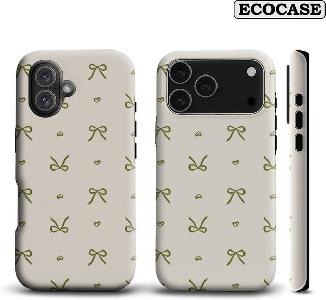 Potdemiel Handyhülle Pale Sage Bow & Heart für iPhone 17 16 15 14 13 12 Pro Max Plus mit doppelschichtiger Rückseite in Grün - Bild 1