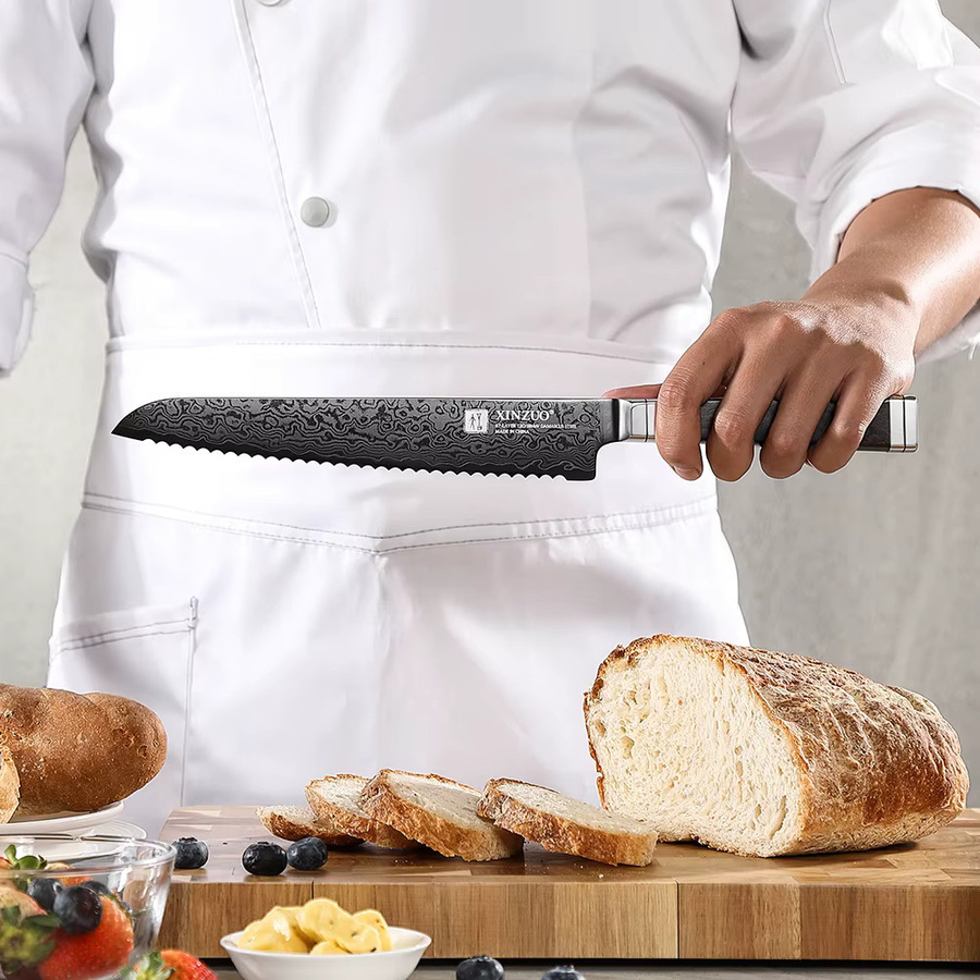 XINZUO Brotmesser aus 67-lagigem Damaszener Stahl mit schwarzem Ebenholz und G10 Griff, 21,59 cm - Bild 4