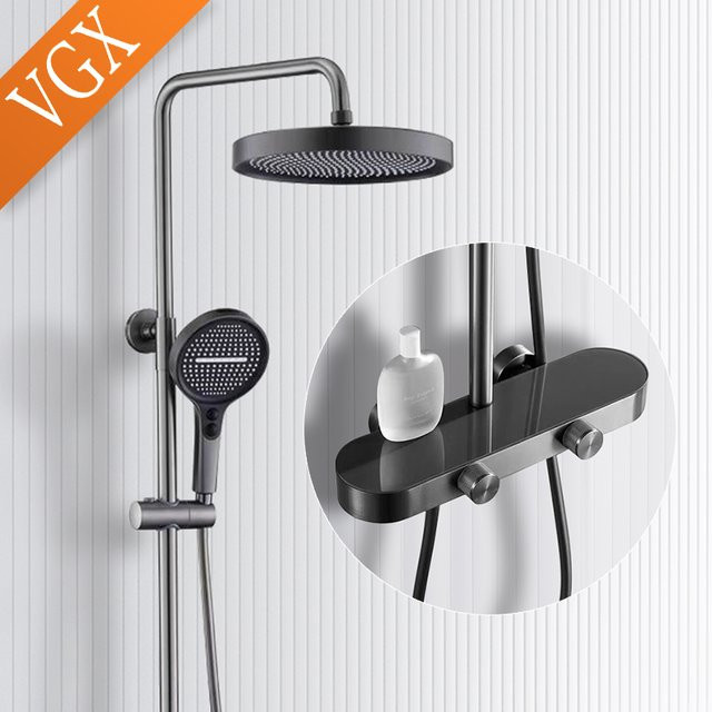 VGX Duschsystem-Set mit 3-Wege-Regenduschset, Duscharmatur mit Handbrause und Duschmischer, Gunmetal Grau - Bild 1