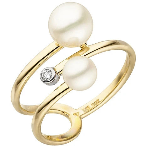 Colfem Ring 585 Gelbgold, 2 Süßwasser Perlen, 1 Diamant Brillant, Damen, Ringgröße 52 - Bild 1