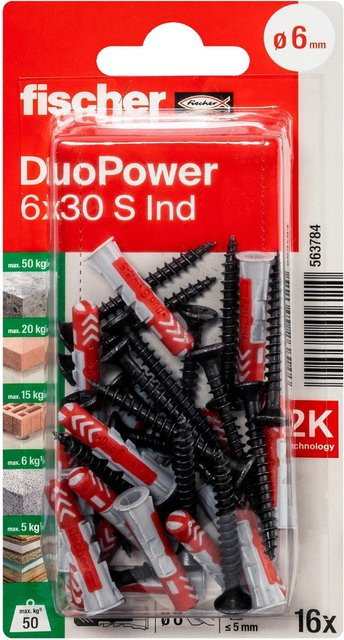Fischer Universaldübel DuoPower mit verzinkten Schrauben, Multicolor, 16 Stück, Durchmesser: 6 mm, Länge: 30 mm - Bild 1