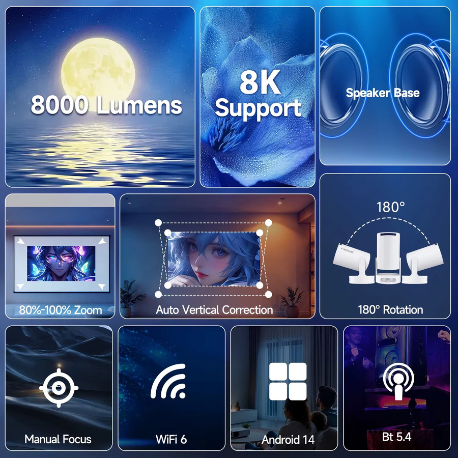 Magcubic HY300Pro+ Sprachgesteuerter Projektor mit 8K Unterstützung, Android 14, 8000 Lumen, WLAN6 und Bluetooth 5.4, Tragbarer Kino-Projektor für Outdoor mit Airmouse - Bild 4