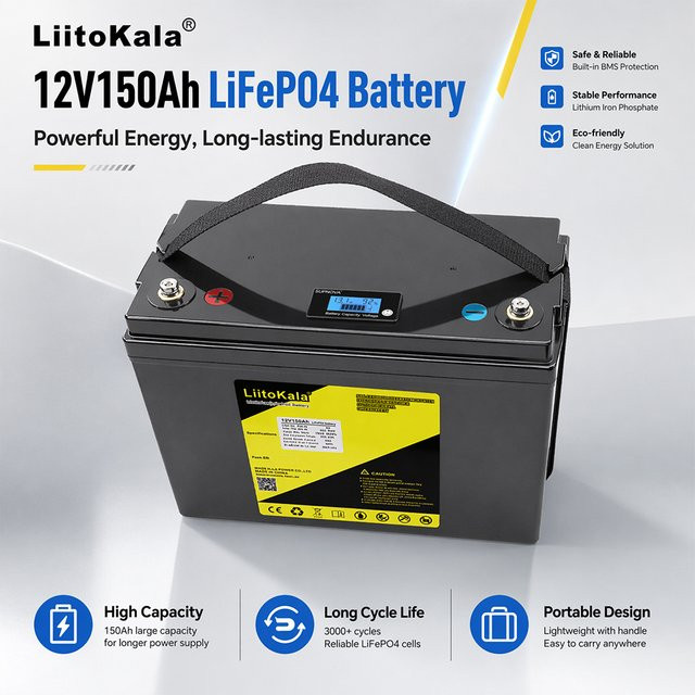 LiitoKala LiFePO4 Batterie 12V 150Ah mit LCD-Display SOC Spannung Strom und BMS in Schwarz - Bild 1