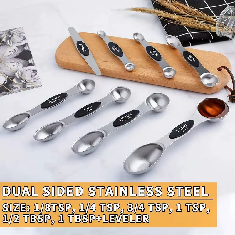 SONGKANGLING Edelstahl Messlöffel-Set aus 9 Teilen mit 8 doppelseitigen magnetischen Messlöffeln und 1 Leveler in Silber und Schwarz - Bild 3