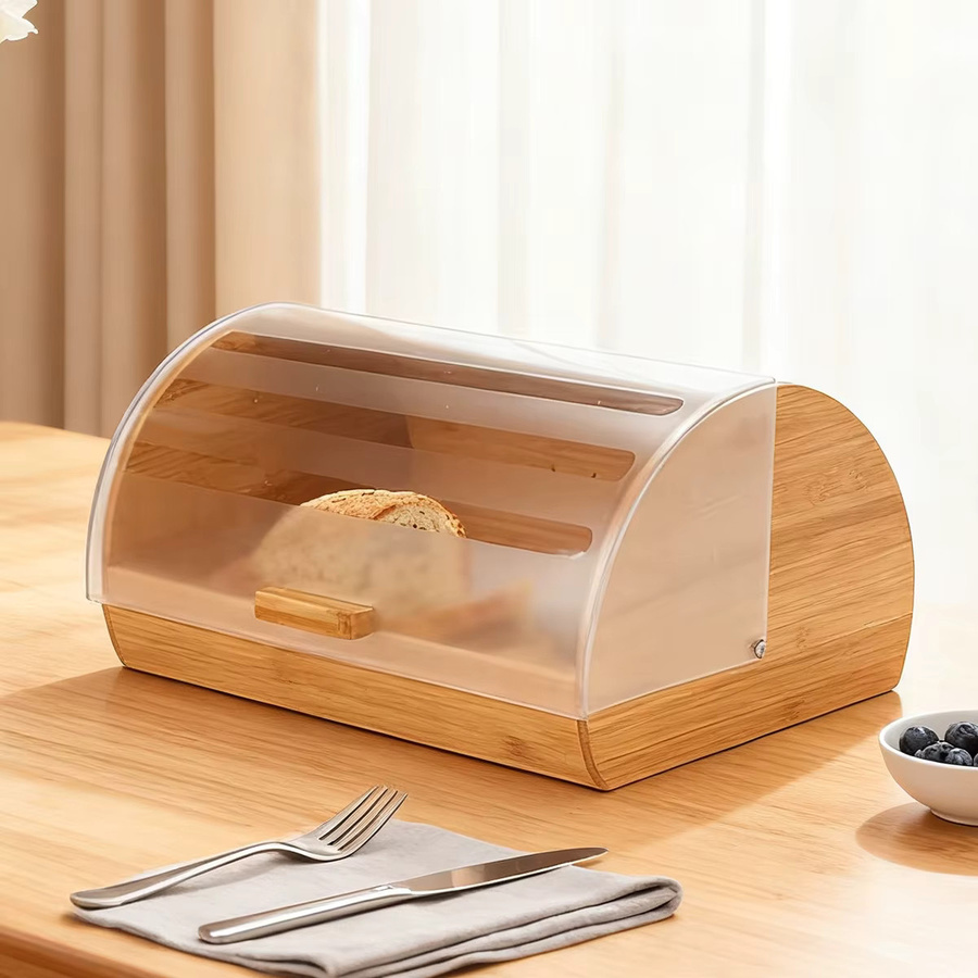 Brotbehälter aus Bambus mit Acryldeckel in Braun, luftdichter Aufbewahrungsbehälter mit Rolltop für Brot und Kekse, B/T/H: 38,0 x 16,0 cm - Bild 3