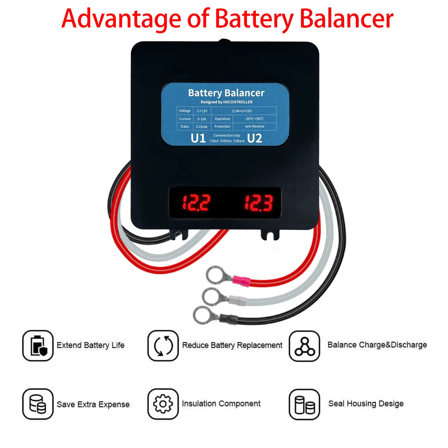 Batterie-Balancer mit LED-Anzeige für 2 x 12 V LiFePO4 und GEL Lithium-Batterien, 10-15 V, 0-10 A, Farbe: Schwarz - Bild 4