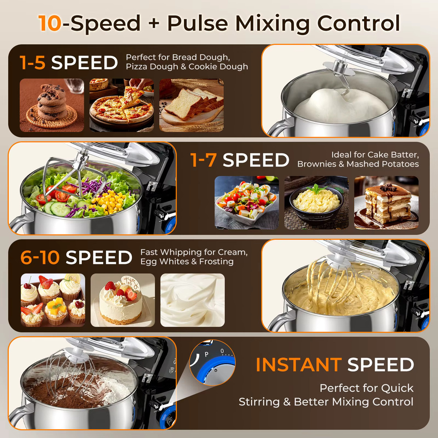 Patbrela Standmixer mit 5L Edelstahlschüssel, 10 Geschwindigkeiten, Knethaken, Rührbesen und Schneebesen für Brotteig, Kuchen und Kekse, Teigknetmaschine und Planetenmixer - Bild 2