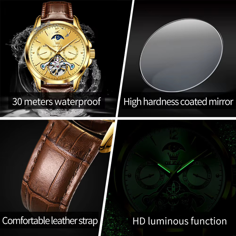 OLEVS Armbanduhr, Automatik, Edelstahl, Leder, Gold, Herren - Bild 4
