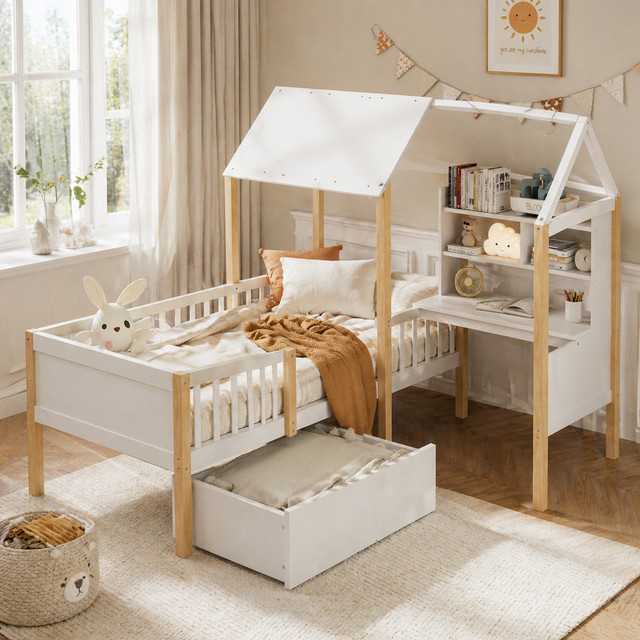 LVHOM Multifunktionales Kinderzimmerbett aus Massivholz und MDF in Weiß mit L-Schreibtisch, Bücherregal, Lattenrost, Rausfallschutz und rollbaren Schubladen, B/T/H: 90 x 200 cm - Bild 1