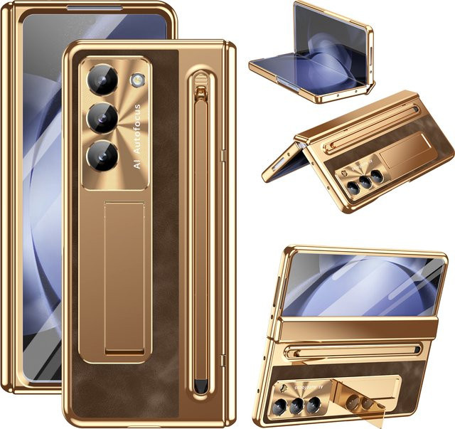 PU-Leder Handyhülle mit Glasfilm-Stiftschlitz und Stiftständer für Samsung Galaxy Z Fold 7, 6, 5, 4, 3 inklusive Scharnier-Schutz in Blau und Gold - Bild 1