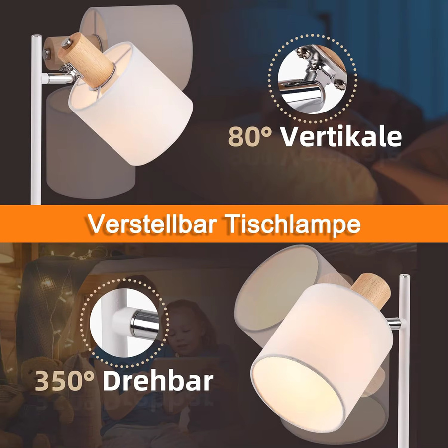 Vintage Tischlampe aus Holz mit weißem Stoffschirm, drehbare E14 Nachttischleuchte im Retro-Design für Wohnzimmer und Schlafzimmer - Bild 2