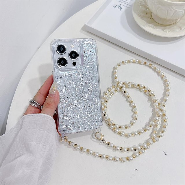 Glitzer Handyhülle mit Perlen Lanyard Umhängeband für Apple iPhone 15 Pro bis iPhone 11, Stoßfest, Farbe: Silver - Bild 1