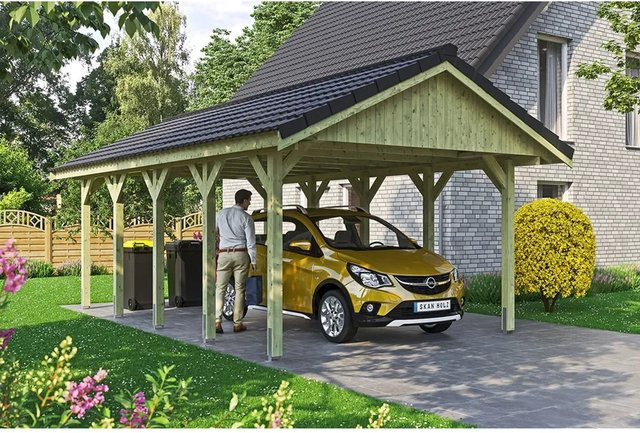 Skan Holz Carport Wallgau Satteldach aus Nadelholz in Grün, B/T: 430 x 750 cm, Firsthöhe: 326 cm - Bild 1