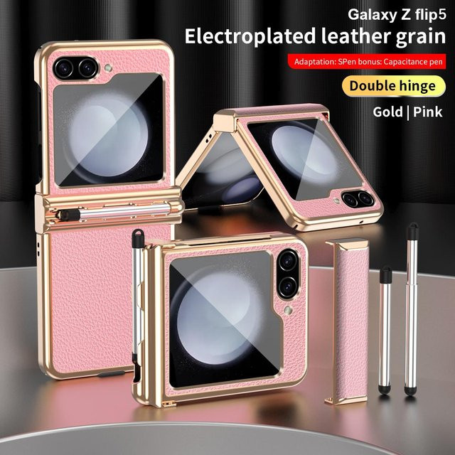 Luxuriöse Samsung Galaxy Z Flip 6 5 4 3 5G Schutzhülle aus PU-Leder mit galvanisiertem PC-Rahmen, Scharnierschutz und Touchpen in Pink - Bild 1