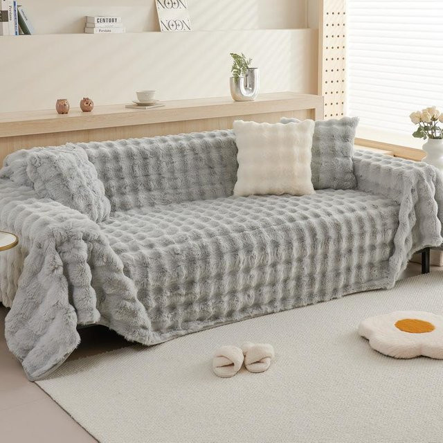 Rutschfeste Sofamatte aus Kaninchenplüsch in Grau, universeller Couch-Schonbezug für dein modernes Wohnzimmer, B/T: 180 x 130 cm - Bild 1