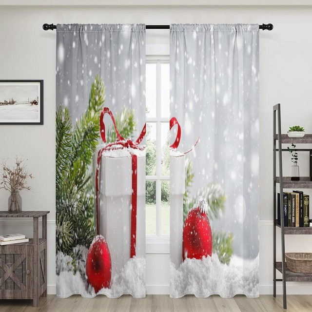 2er-Set Weihnachtliche Vorhänge mit Schneeflocken-Motiv in Grau, halbtransparent, B: 150 cm, H: 166 cm - Bild 1
