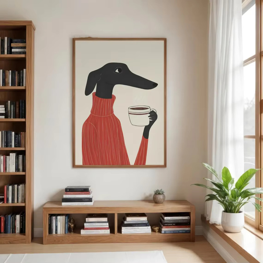 SHENCHEN Retro-Chic Wandbild mit schwarzem Hund im roten Rollkragenpullover und Kaffeetasse, minimalistischer Print auf Papier - Bild 6