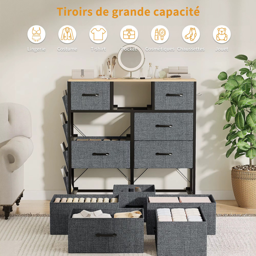 FEEOHOME Kommode mit 9 Schubladen in Grau für Wohnzimmer, Schlafzimmer und Flur, B/T/H: 99 x 30 x 100 cm - Bild 5