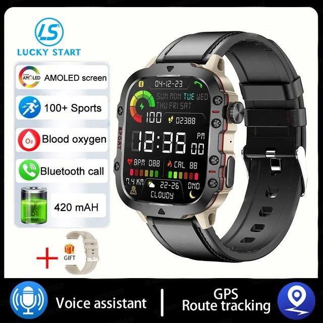 Lucky Start Outdoor Militär Smartwatch für Herren mit Bluetooth Anruffunktion, Herzfrequenzmessung und 3ATM Wasserdichtigkeit, Grau/Schwarz mit Lederarmband - Bild 1