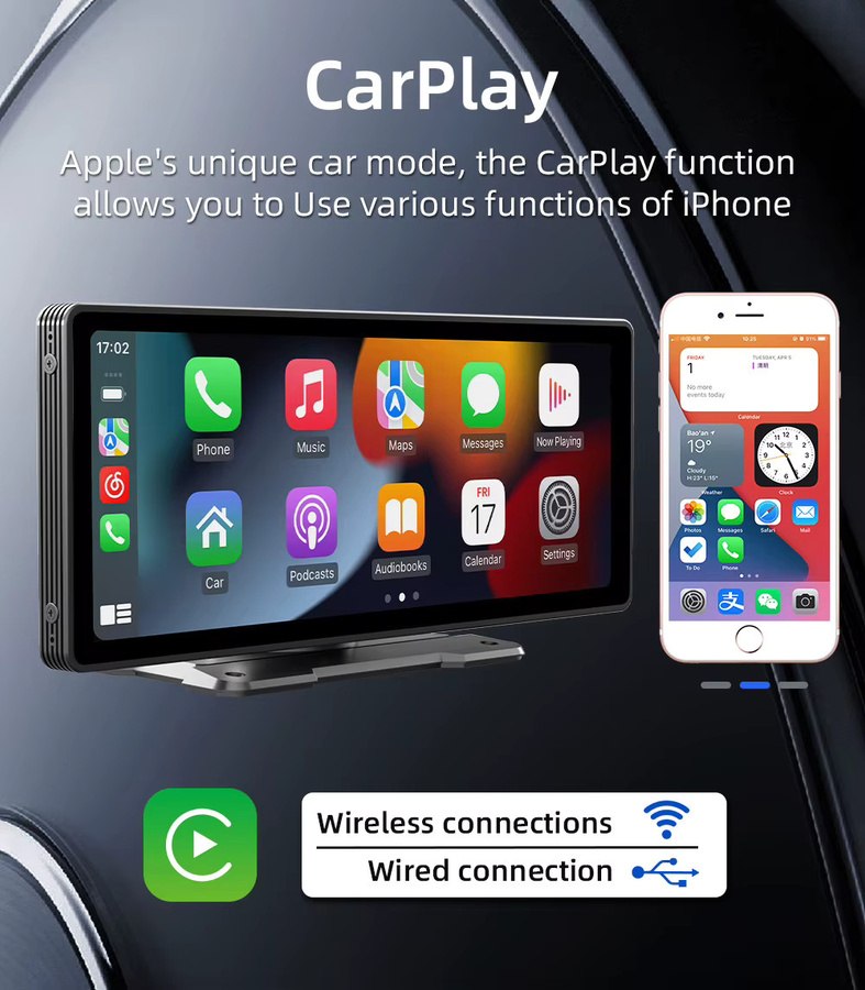 BQCC Tragbarer 10,26 Zoll Auto MP5 Player mit Wireless CarPlay, Android Auto und Mirrorlink, Rückspiegel mit Bluetooth, USB und DVR in Schwarz - Bild 4