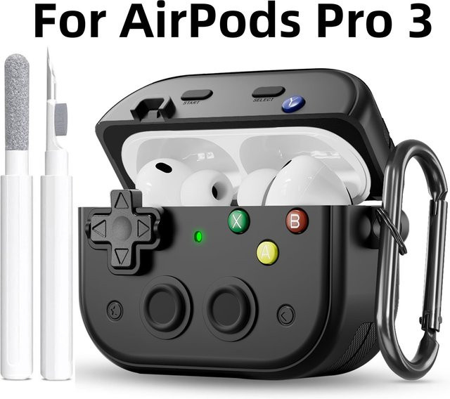 Stoßfeste Schutzhülle im Spielkonsolen-Design für Apple AirPods Pro 3 in Schwarz oder Grau inklusive Reinigungsset und Schlüsselanhänger - Bild 1