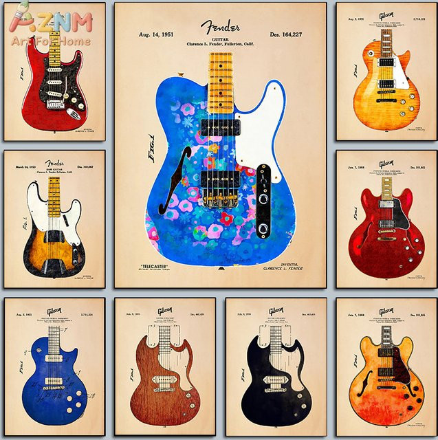 AZNM Vintage Fender Gibson E-Gitarren Patent Rahmenlose Leinwand-Wandkunst Multicolour Musik-Druck für dein Studio - Bild 1