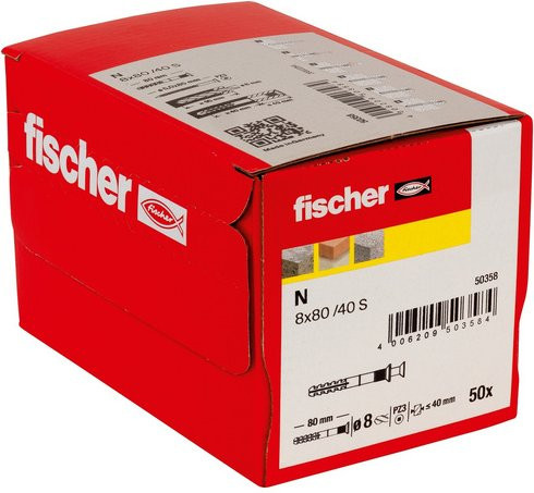 Fischer Nageldübel N 8 x 80/40 S aus Nylon in Grau mit verzinkter Nagelschraube, 50 Stück - Bild 1