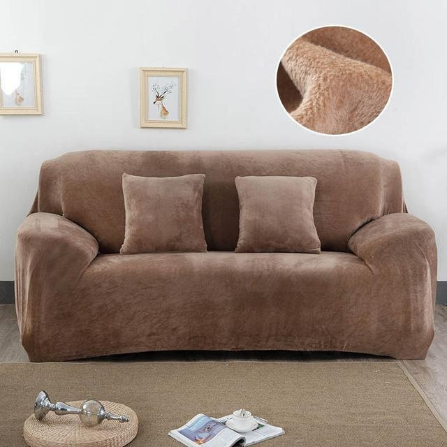 Rutschfester Plüsch Sofabezug in Kamelfarben, elastischer Stretch-Bezug für 1-Sitzer, Breite: 90-140 cm - Bild 1