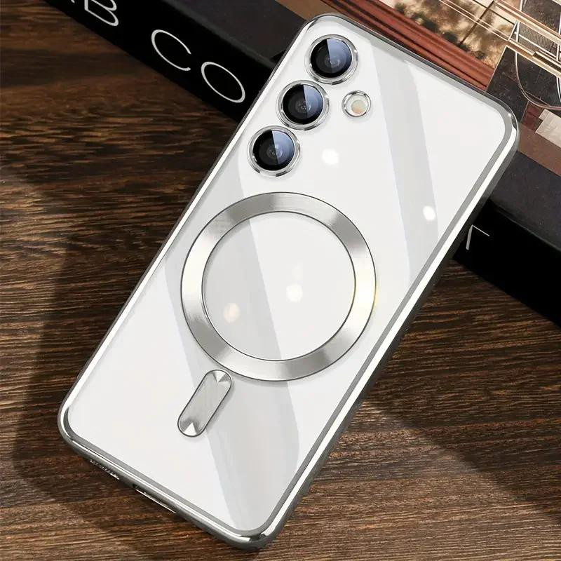 Magnetische MagSafe Silikon Hülle mit Glitzer-Beschichtung für Samsung Galaxy S25 S24 S23 S22 S21 Ultra Plus FE in Gold und Transparent - Bild 3