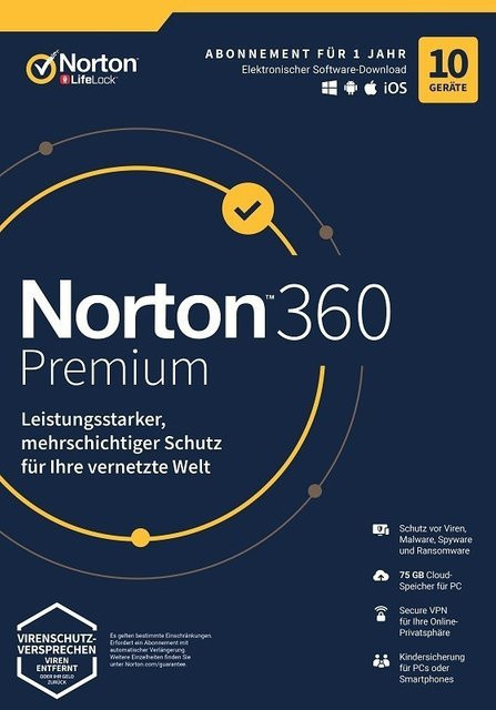 Norton LifeLock 360 Premium Antivirus Security Subscription für 1 User und 10 Geräte mit 75 GB Cloud-Speicher für 12 Monate - Bild 1