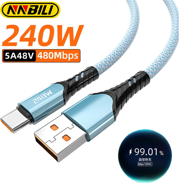 NNBILI USB Typ C Schnellladekabel 240W 5A Datenkabel für Samsung Realme Xiaomi Huawei OPPO OnePlus in Schwarz und Blau - Bild 1
