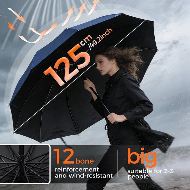 Mustarpicking Regenschirm mit 12 Knochen und verstärktem Rahmen, winddicht und wasserdicht, Durchmesser: 125 cm, Farben: Rot und Schwarz - Bild 1