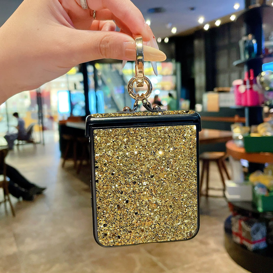 Goldene Kunstleder-Handyhülle mit Strass-Glitzer-Ringhalterung für Samsung Galaxy Z Flip 8 7 6 5 4 3 FE Hartschale - Bild 2