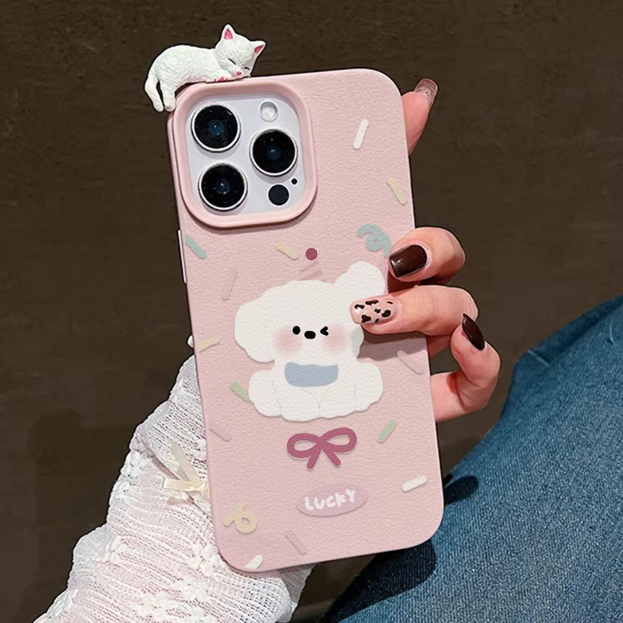 Handyhülle mit 3D Hund und Katze Motiv im Lychee Muster für Apple iPhone 17 Pro Max, 16, 15, 14, 13, 12 und 11 Modelle - Bild 2