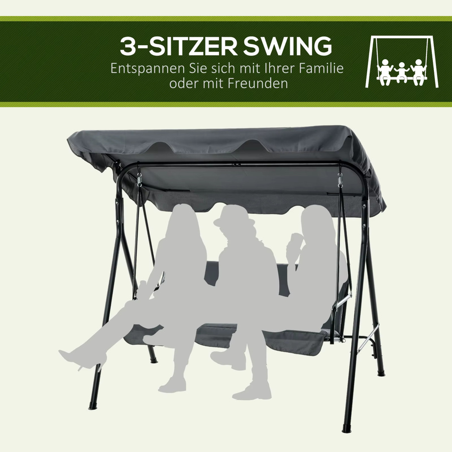 Rosahqnda Hollywood-Schaukel 3-Sitzer mit Sitzkissen und verstellbarem Sonnenschutz in Grau, B/T/H: 172 x 110 x 153 cm - Bild 5