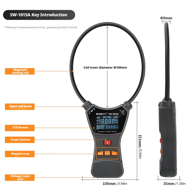 SWEVY Digitale flexible Stromzange mit LCD-Hintergrundbeleuchtung, AC/DC-Spannungsmess-Multimeter und Leckagetester, Schwarz - Bild 2