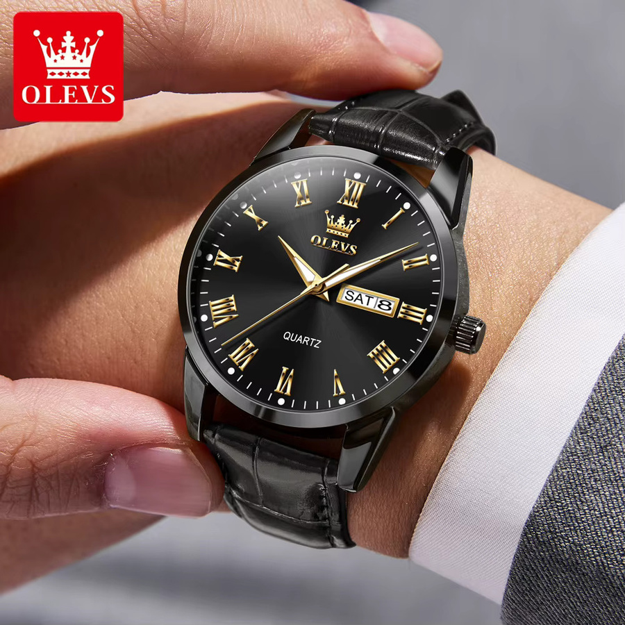 OLEVS Armbanduhr, Quarz, Leder, Gold, Bicolor, Herren - Bild 5