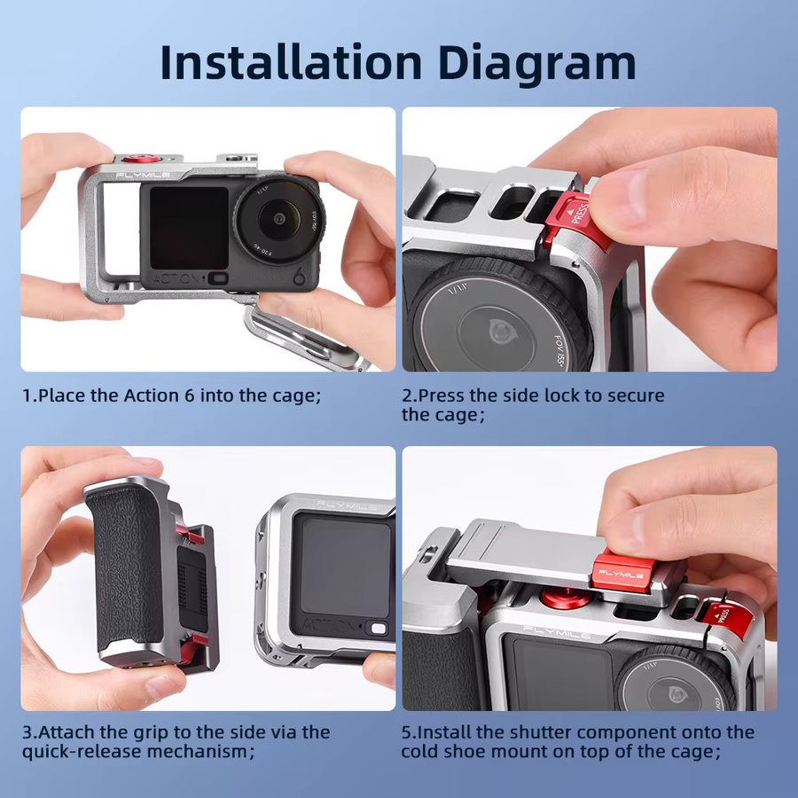 Flymile Action 6 Metallkäfig mit Griff-Kit und Erweiterungsadapter für DJI Osmo Action 6 Video-Zubehör - Bild 6
