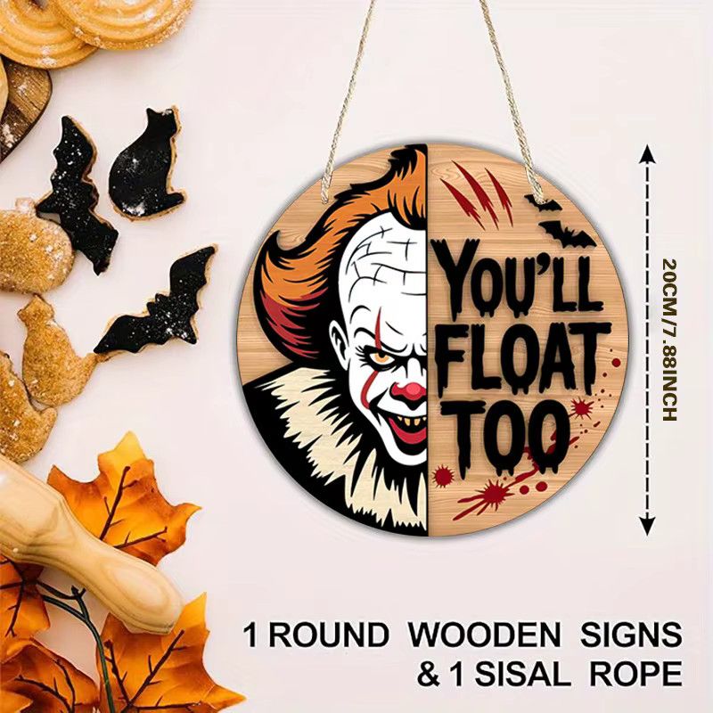 Rundes Holzschild von Potdemiel mit Pennywise-Clown und You'll Float Too Motiv für Halloween - Bild 2
