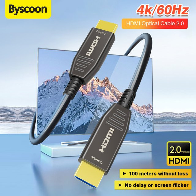Byscoon HDMI Glasfaserkabel AOC 2.0 High Speed in Schwarz, 4K 60Hz, 18 Gbit/s mit HDR, ARC und HDCP 2.2 für PS5, PS4, Xbox und Projektoren - Bild 1
