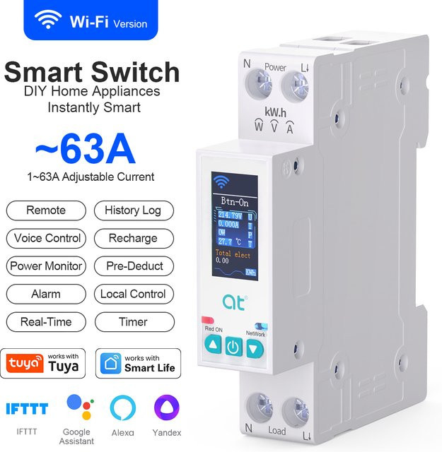 Tuya WiFi Smart Switch Intelligenter Leistungsschalter 1P 63A mit LED-Anzeige, Messfunktion und Überspannungsschutz in Weiß - Bild 1