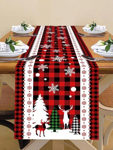 JIT Plaid Weihnachts-Tischläufer mit Schneeflocken- und Hirschmuster für deine festliche Esstisch-Dekoration - Bild 1